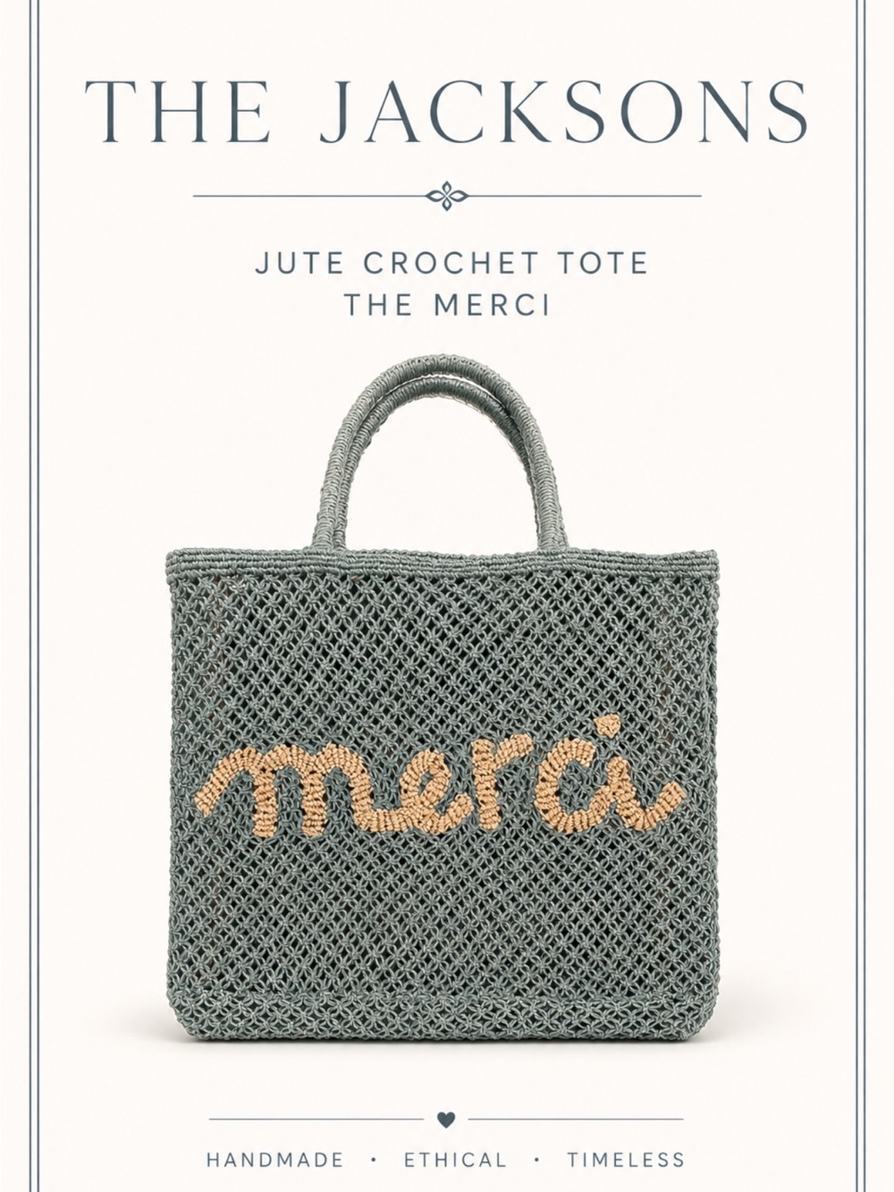 JACKSON Crochet Jute Tote in light Blue with Natural Lettering